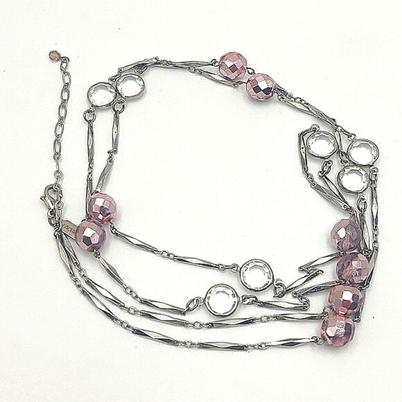 Long 42" Bezel Set Crystal Necklace Pink & Silver - Picture 1 of 8